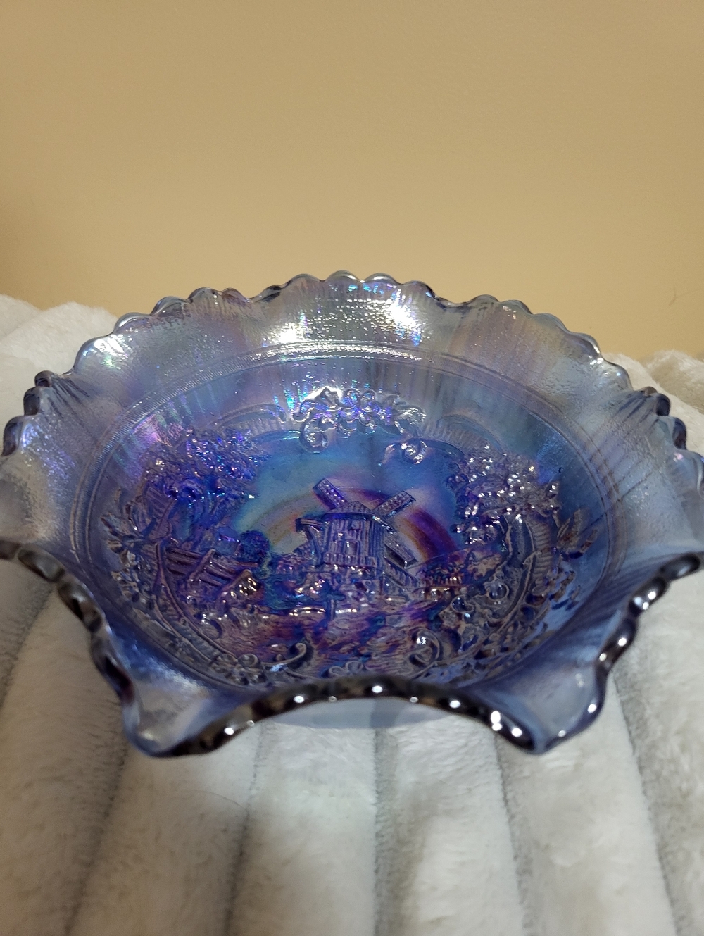 Iridescent Blue Carnival Glass Decorative Bowl